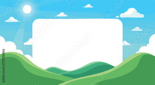 Animated bright green rolling hills under a sunlit sky with fluffy clouds and a blank white space for text