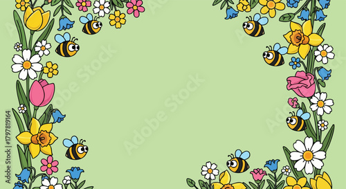 Whimsical spring border illustration featuring charming bees and vibrant blooming flowers on a soft pastel background