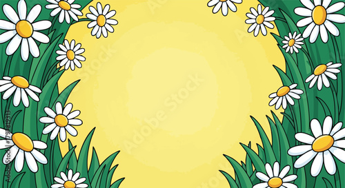 Vibrant yellow background framed by cheerful cartoon daisies and lush green grass creating a delightful spring meadow ambiance
