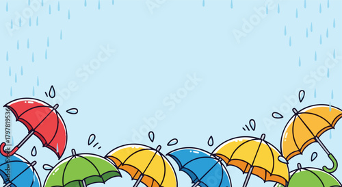 Vibrant collection of colorful umbrellas protecting against falling raindrops creating a cheerful scene