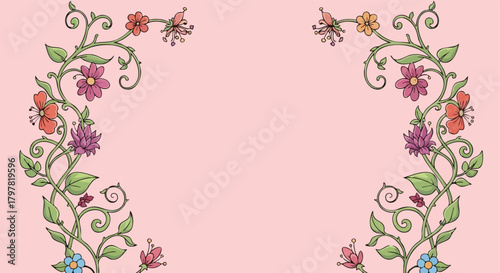 Whimsical floral vines with delicate blooms and swirling tendrils create an elegant border on a soft pink background