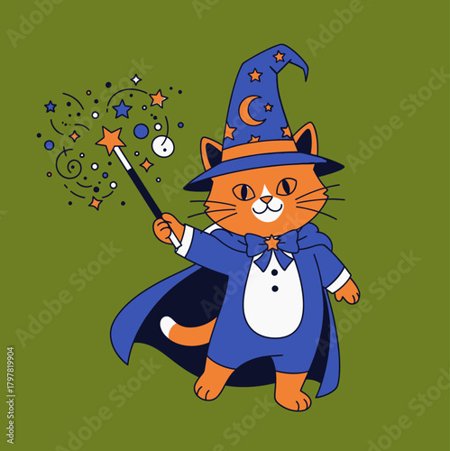 Charming cat wizard casts magic spells with sparkling wand and starry hat