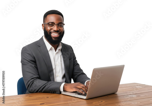 Wallpaper Mural Smiling african american businessman in a suit working on a laptop computer at a wooden desk isolated on transparent background Torontodigital.ca