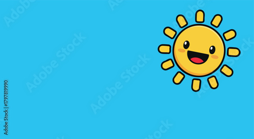 A cheerful cartoon sun with rosy cheeks and a wide smile shines brightly against a clear blue sky backdrop illustrating joy and warmth