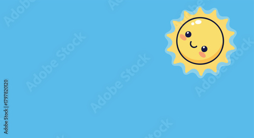 A charming and whimsical cartoon sun with rosy cheeks beaming brightly on a clear blue sky background.