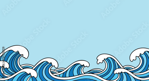 Stylized Blue Ocean Waves Rolling Across a Light Blue Sky