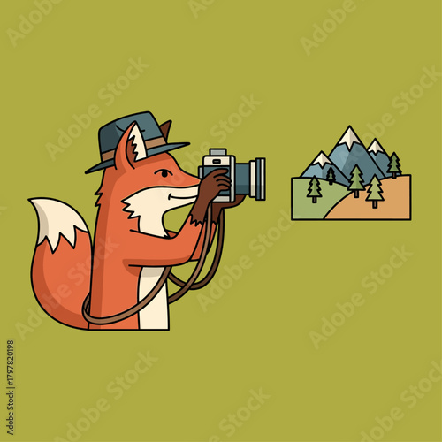 Charming fox explorer captures scenic mountain landscape with vintage camera