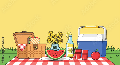 A vibrant cartoon depiction of a classic summer picnic setup with delightful food and refreshments presented on a checkered blanket outdoors