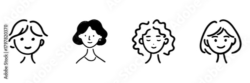 Four Diverse Female Faces Line Icon Set In Doodle Style. Expression And Personality Representation Outline Sketch Collection. Hand Drawn Isolated Vector Illustration