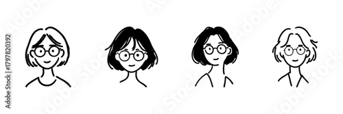Four Female Characters With Glasses Line Icon Set In Doodle Style. Diverse Hairstyles And Expressions Outline Sketch Collection. Hand Drawn Isolated Vector Illustration
