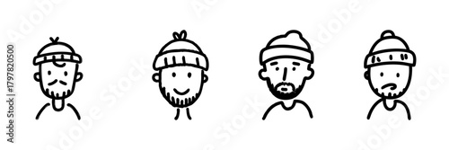 Four Bearded Men With Beanies Line Icon Set In Doodle Style. Facial Expressions And Winter Fashion Outline Sketch Collection. Hand Drawn Isolated Vector Illustration