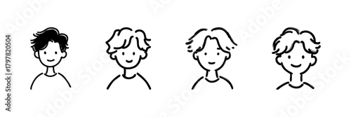 Four Male Hairstyles Line Icon Set In Doodle Style. Diverse Haircuts And Fashion Outline Sketch Collection. Personal Style And Grooming Concepts. Hand Drawn Isolated Vector Illustration