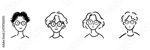 Four Diverse Characters With Glasses Line Icon Set In Doodle Style. Personality And Style Representation Outline Sketch Collection. Hand Drawn Isolated Vector Illustration