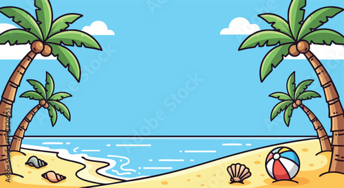 vibrant cartoon palm trees frame a sunny beach scene with a playful ball and shells a tropical paradise backdrop
