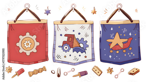 Three hanging banners with gear tractor and star designs and toy parts scattered beneath them all together