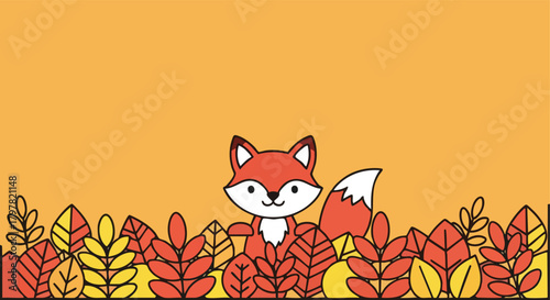 Adorable cartoon fox peeking from behind a delightful array of autumnal foliage on a warm orange background