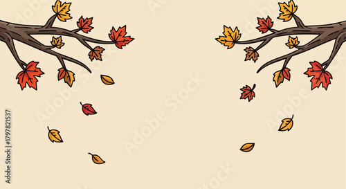 Autumnal branches with falling leaves creating a decorative border against a subtle background