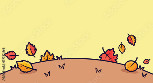 Whimsical autumn leaves drifting gracefully across a serene pastel yellow backdrop with gentle rolling earth beneath a minimalist artistic depiction