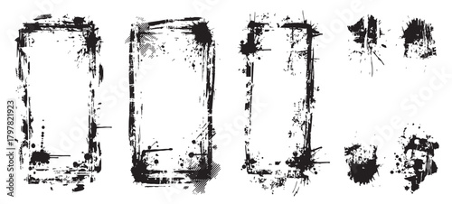 Black Grunge Frame Border Set with Ink Splatter Drip Texture and Distressed Abstract Edge Design Collection