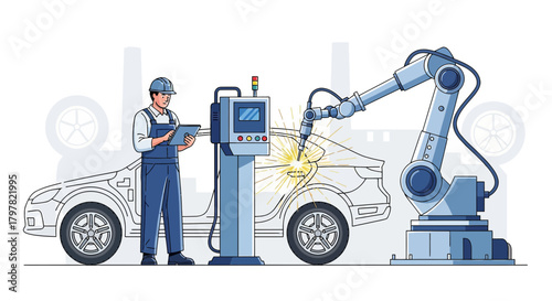 Automated car assembly with industrial robotic arm and a service man using his tablet device