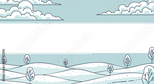 minimalist winter landscape with stylized snow covered hills and clouds above a blank space for text