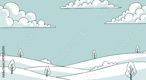 Whimsical minimalist winter landscape with stylized trees and fluffy clouds against a serene pastel sky