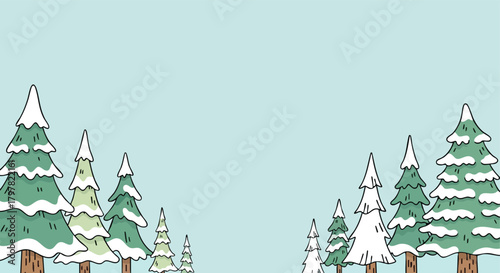 Stylized winter pine forest illustration with snow-capped evergreen trees against a serene blue sky background