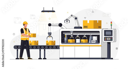 Automated manufacturing process utilizing robotics and conveyor belts, designed for efficiency and