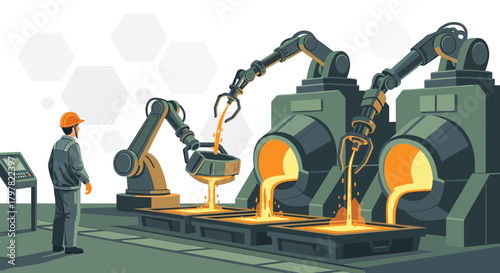 Automated metal casting process with robotic arms monitored by industrial worker