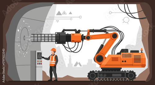 Automated tunneling process with heavy machinery and worker overseeing the operation