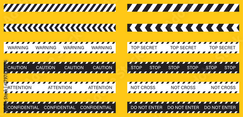 Warning and caution tape icons set. Hazard barrier stripes with text labels for safety. Isolated vector illustration on yellow background. Safety sign, restricted area, construction zone and alert.