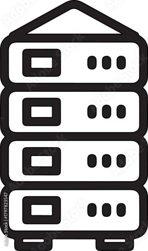 Four server racks vector icon representing data storage, computing infrastructure, and network technology
