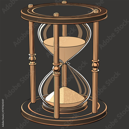 Vector illustration of a copper hourglass with running sand, isolated on black, symbolizing the passage of time.