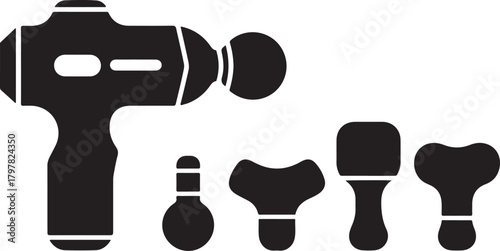 Black and white illustration of massage gun and attachments percussion massager muscle therapy