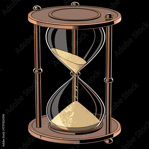 Copper hourglass with flowing sand, elegantly designed, symbolizing the passage of time, isolated on a black background.