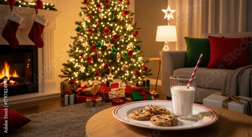 christmas tree with gifts and cookies with milk for night snack