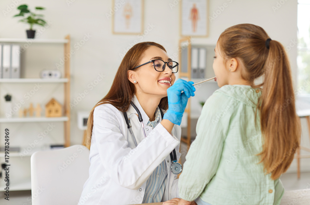 Fototapeta premium Pediatrician kind doctor, woman examination of throat, female medical practitioner consulting child girl for preventing, diagnosing, general practitioner treating teen diseases in clinic, hospital