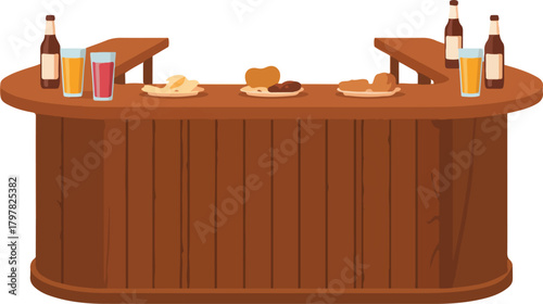 Wooden bar counter with drinks and snacks, vector illustration of a pub or restaurant setting for leisure.