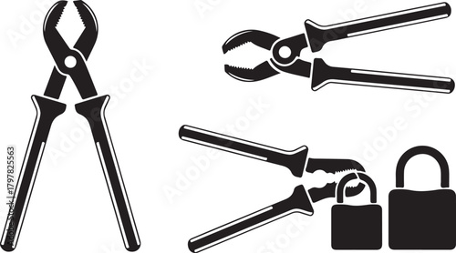 Black and white illustration of pliers and padlocks tools hardware