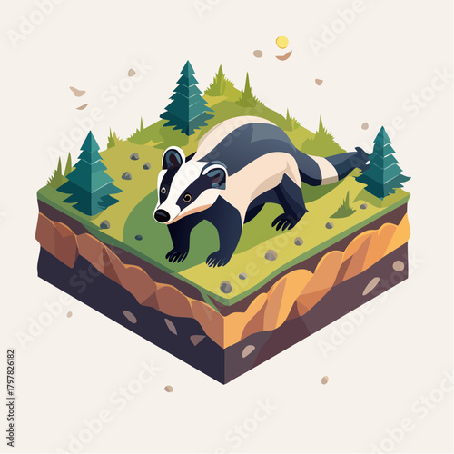 Badger in a forest isometric scene