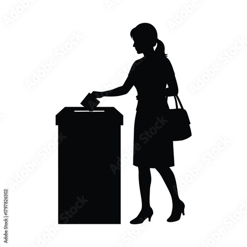 Woman casting ballot into election box, exercising civic duty for democracy and freedom. Vector
