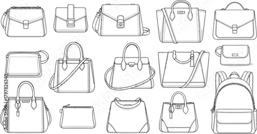 Collection of various handbag designs including shoulder bags totes and a backpack in black and white line art