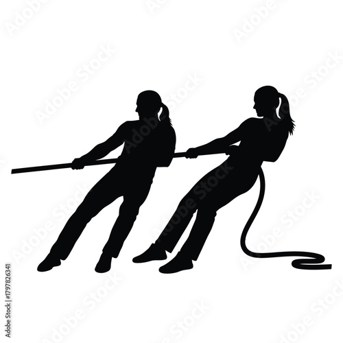 Two women engage in competitive tug-of-war battle, pulling a rope with strength and teamwork Vector