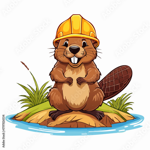 Beaver wearing construction hard hat on island