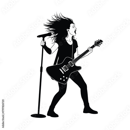 Energetic female rock musician playing electric guitar and singing, vector graphic art Vector