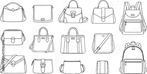 An assortment of outlined handbags and backpacks displayed in a grid pattern on a white background