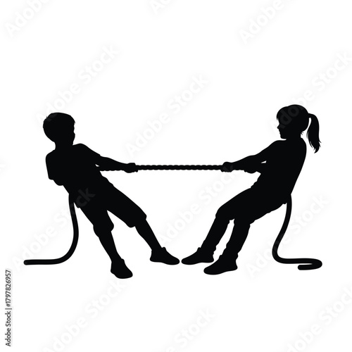 Kids silhouette playing tug of war, demonstrating strength, competition, challenge Vector