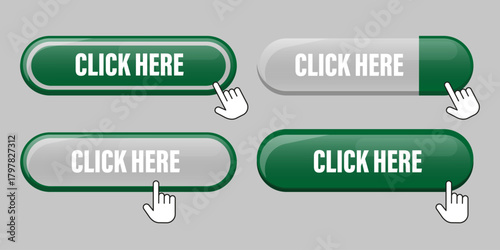 Click here button. Green web element. Interactive UI icon. Hand cursor symbol.