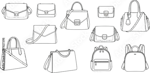 Various handbags and backpacks are displayed in a line art style on a white background design layout