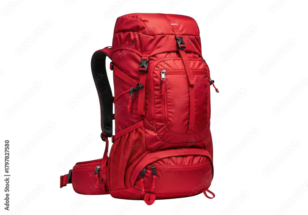 Fototapeta premium Vibrant red backpack designed for extended journeys and adventure travel with multiple compartments and straps for gear organization isolated on transparent background